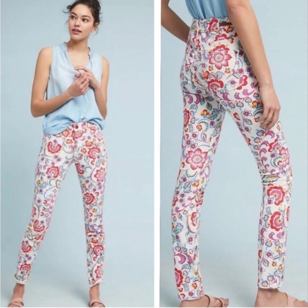Anthropologie Pilcro & Lettetpress White Multicolor Floral Skinny Jeans Size 29